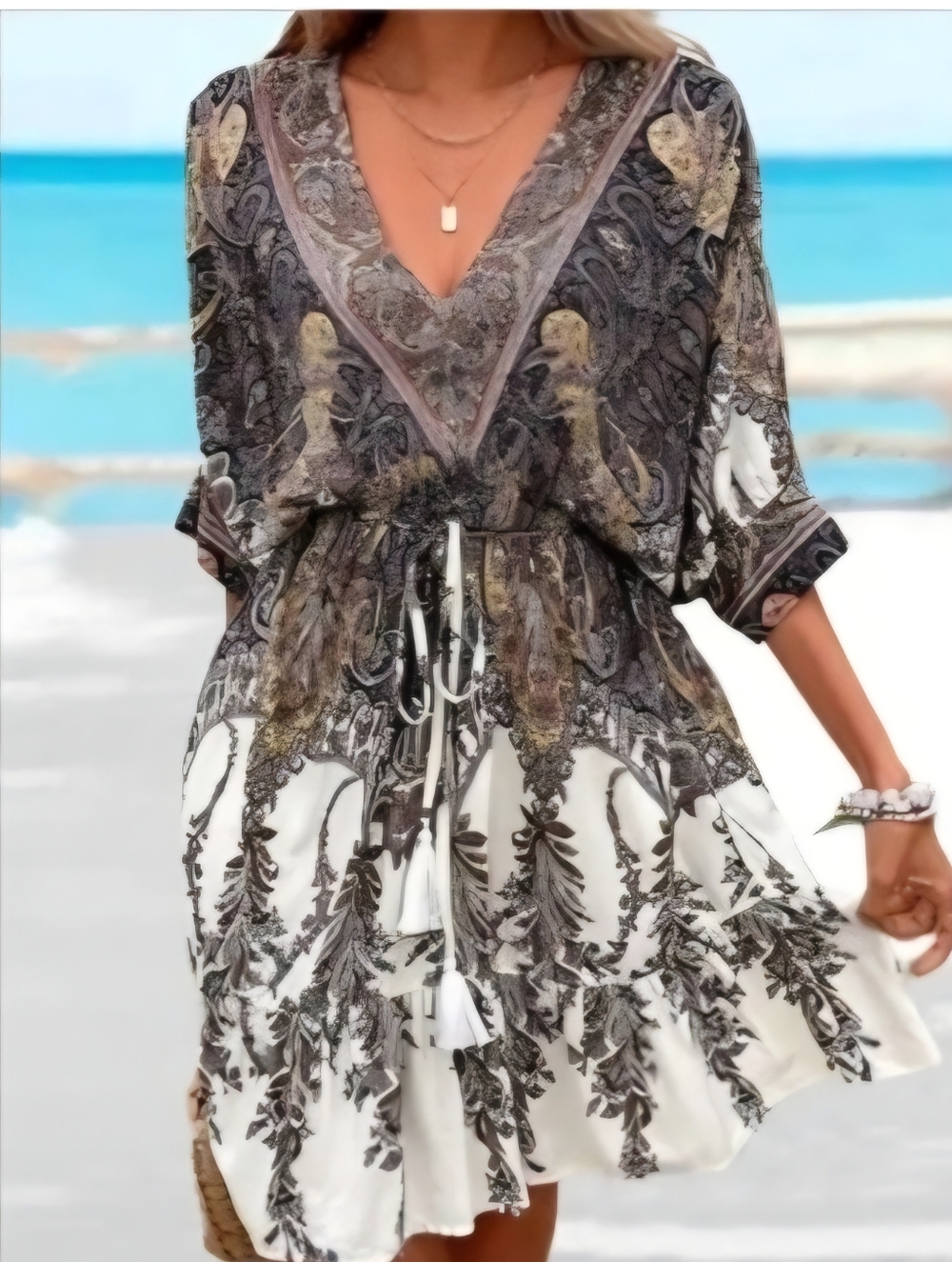 Floral V-Neck Mini Dress in Ivory and Charcoal